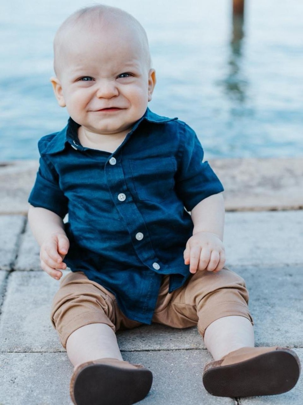 Janie and Jack Navy Blue 100% Linen Button Up Dress Shirt 6-12 Months